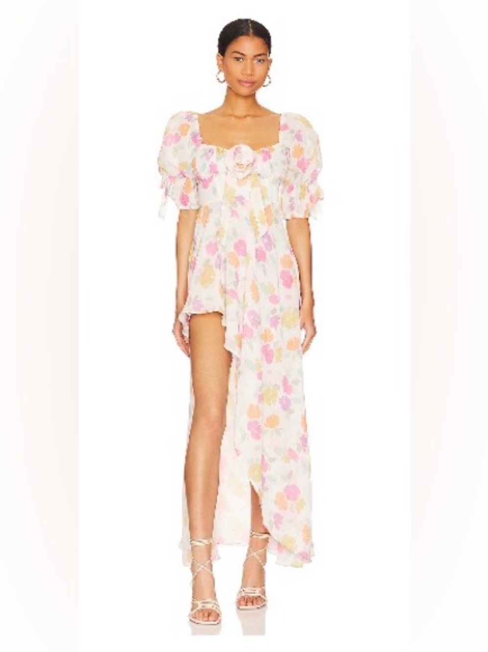 For Love & Lemons Floral High Low Maxi Dress Puff Sleeve Cottagecore M